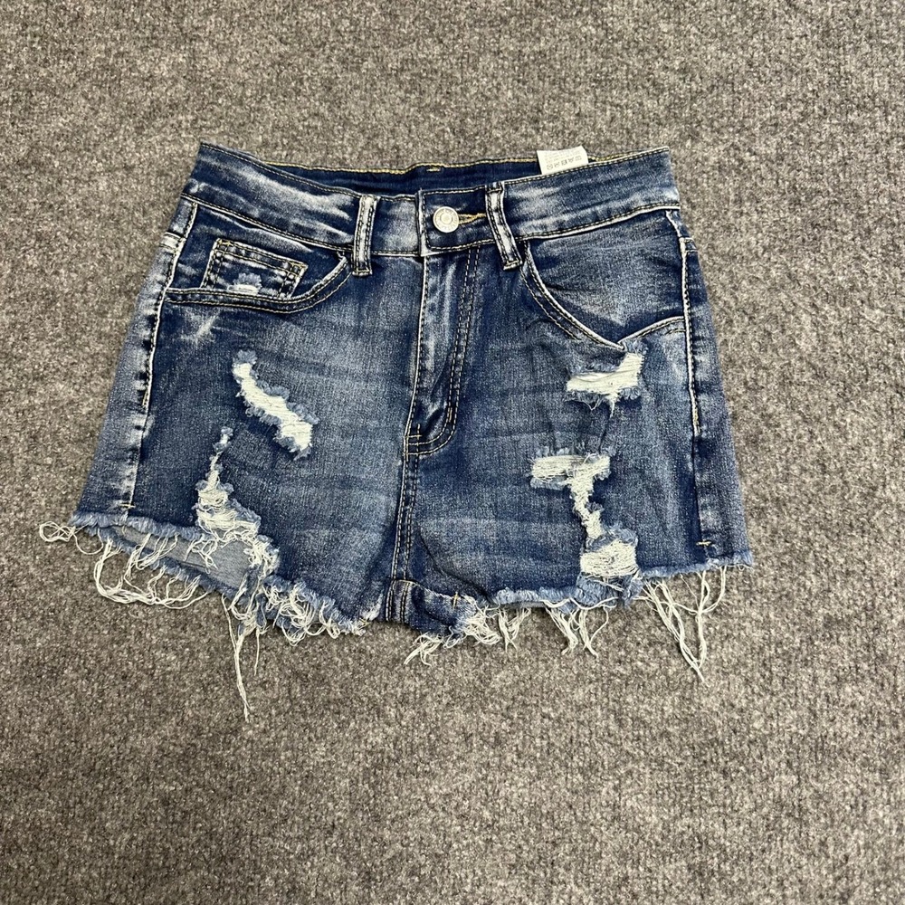 SHEIN Denim Shorts Womens Size 2 Blue Distressed Raw Hem Frayed High Waist Jean